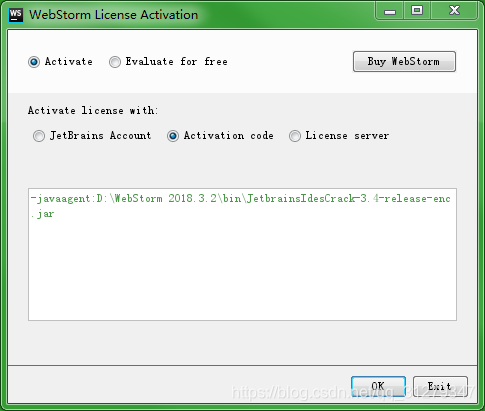 第四步：两个文件加好代码以后，保存关闭，重启webstorm，将第三步的那句代码加到activation code中，都是复制粘贴，ok即可。