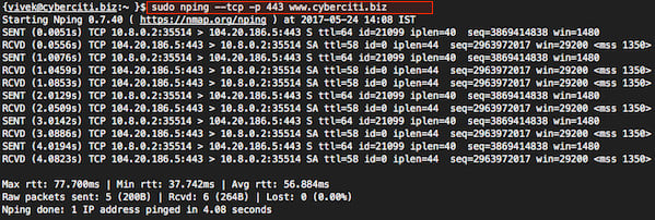 Fig.01: nping just pinged www.cyberciti.biz host at port 443