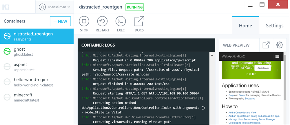 ASP.NET 5 in Docker in Kitematic