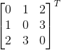\begin{bmatrix} 0 & 1 & 2 \\ 1 & 0 & 3\\ 2& 3& 0 \end{bmatrix}^{T}