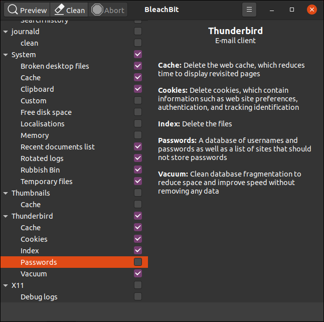 The "Passwords" category highlighted under "Thunderbird" on the left and the options on the right.