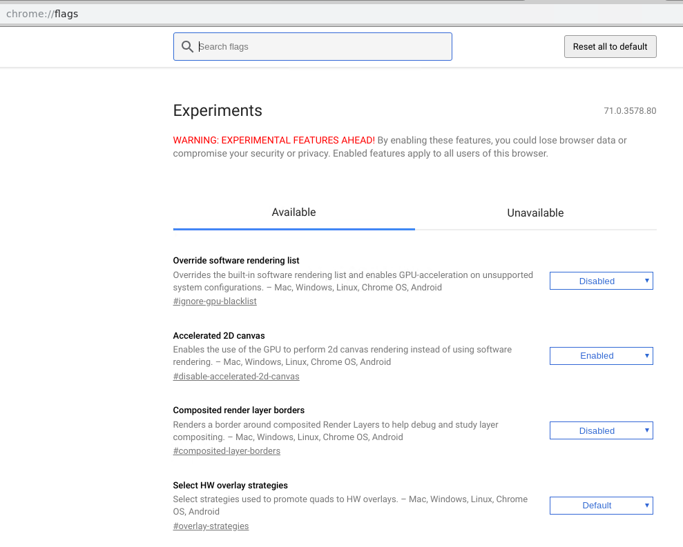 Experimental Features - chrome://flags