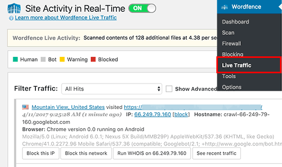 Live traffic tool in Wordfence