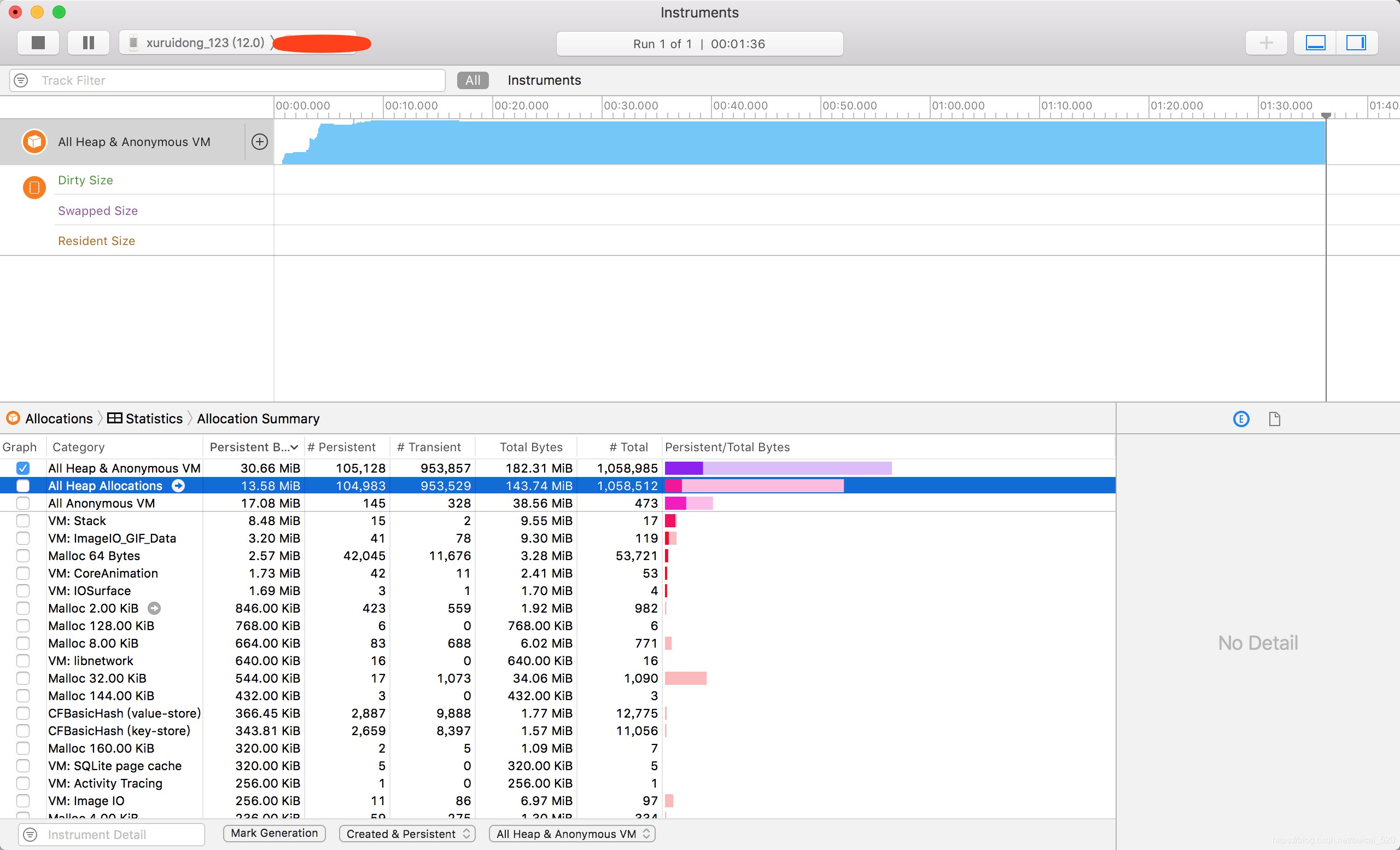 2.Instruments的基本用户界面(这里运行的工具是Allocations)