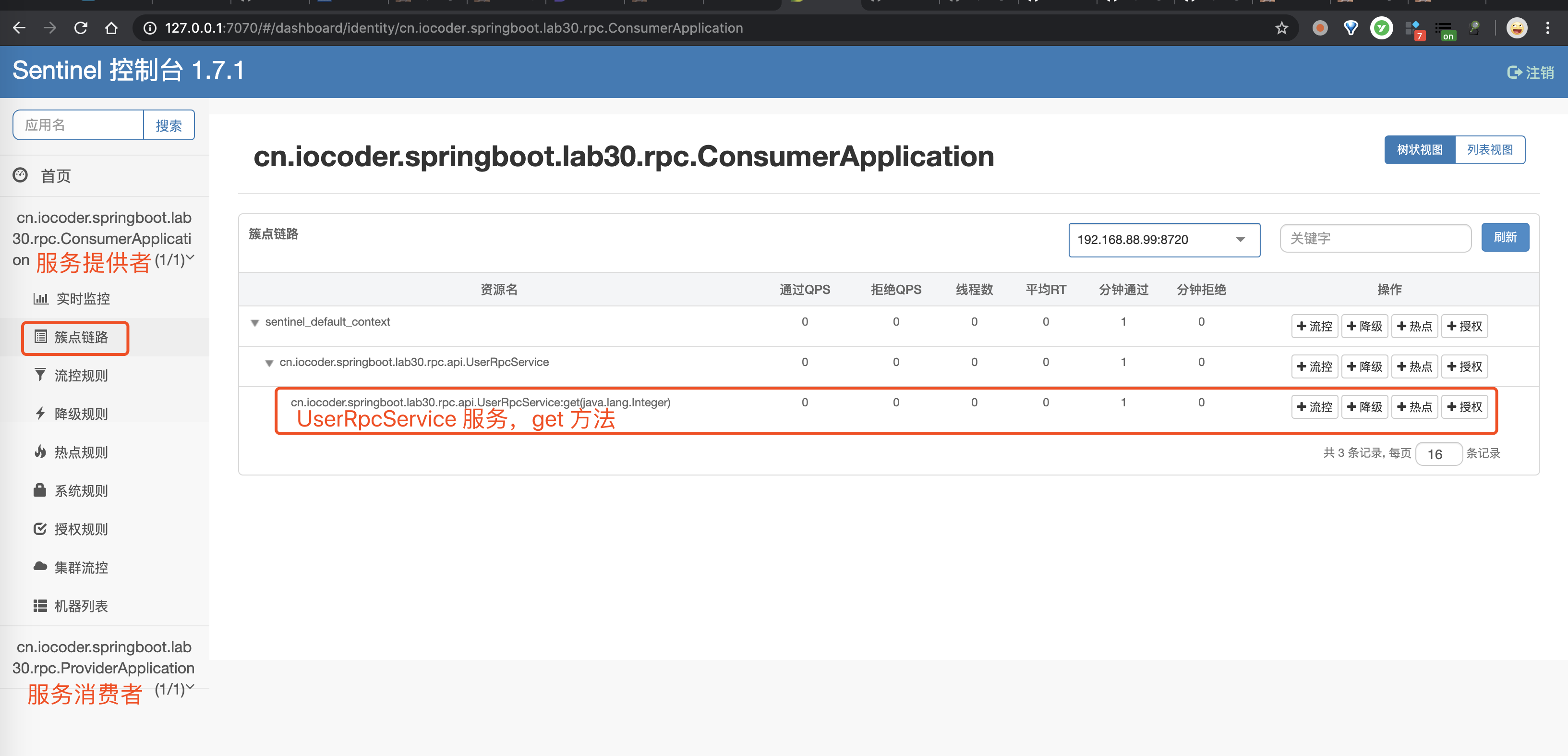 Sentinel 控制台 - 簇点链路