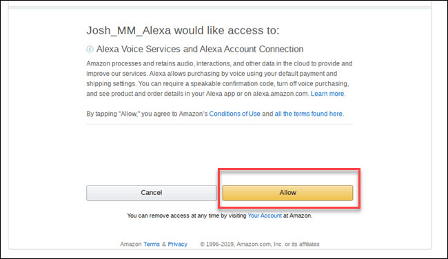 Alexa voices services permissions prompt with box around allow button.