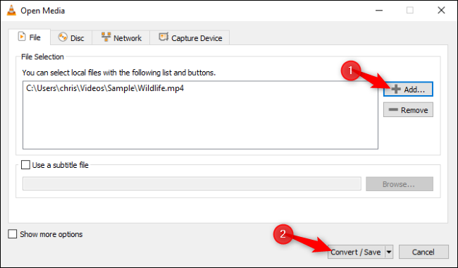 Click "Add," open the file you want to convert, and then click "Convert/Save."
