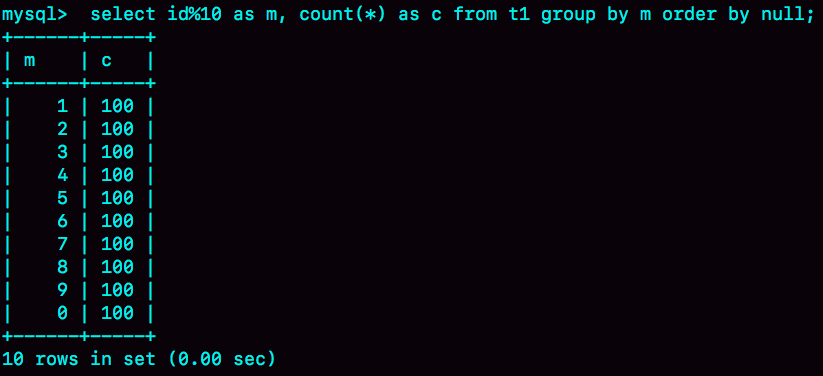 图8 group + order by null 的结果(内存临时表)