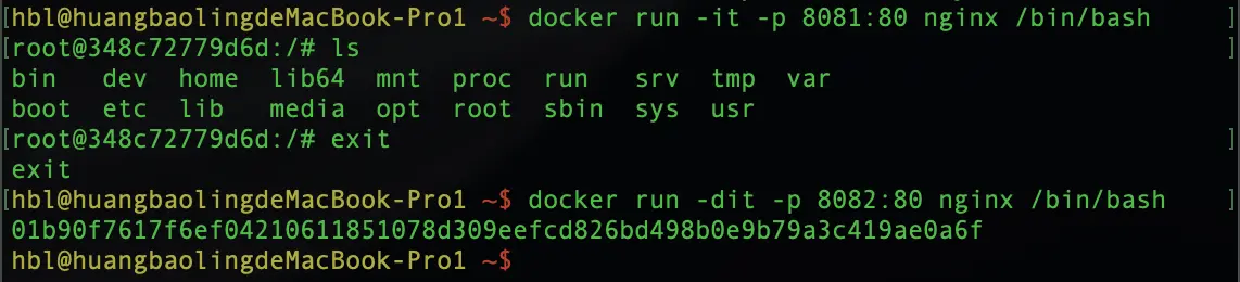 -it相当于-i加-t，会进入shell终端，可以操作nginx