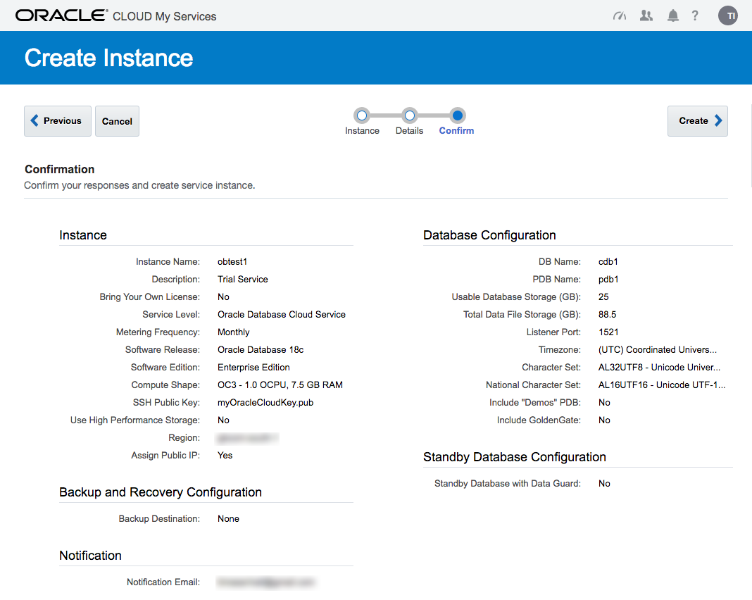 Oracle Cloud : DBaaS - Confirmation