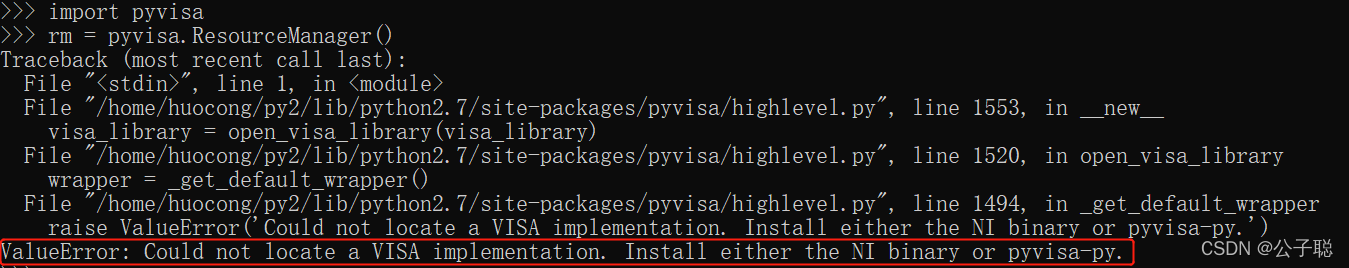 问题解决：ValueError: Could not locate a VISA implementation. Install either ...