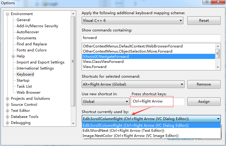 Shortcut currently used by