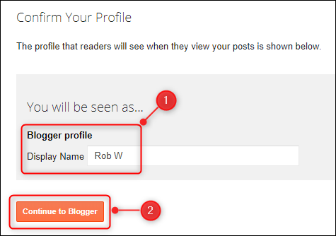 The "Confirm Your Profile" panel, with the "Display Name" field highlighted.