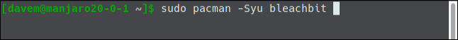 sudo pacman -Syu bleachbit in a terminal window.