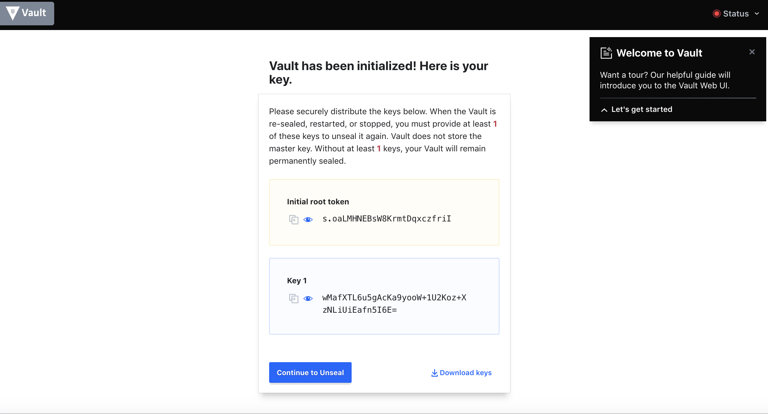 保存 Vault 管理秘钥