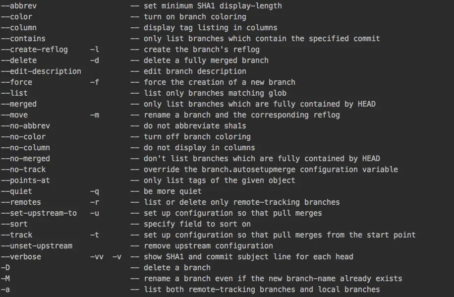 Git branch命令后面可以带的参数选项