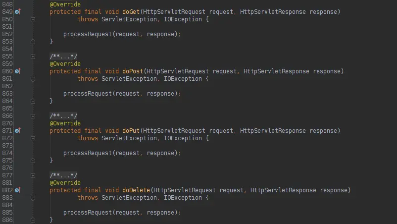 HttpServlet提供了service方法用于处理请求