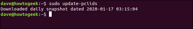 The "sudo update-pciids" command in a terminal window.