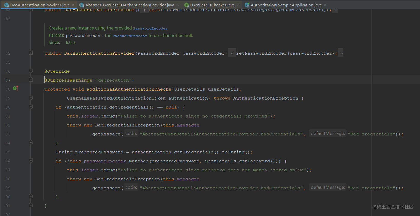 DaoAuthenticationProvider类中对于additionalAuthenticationChecks的实现