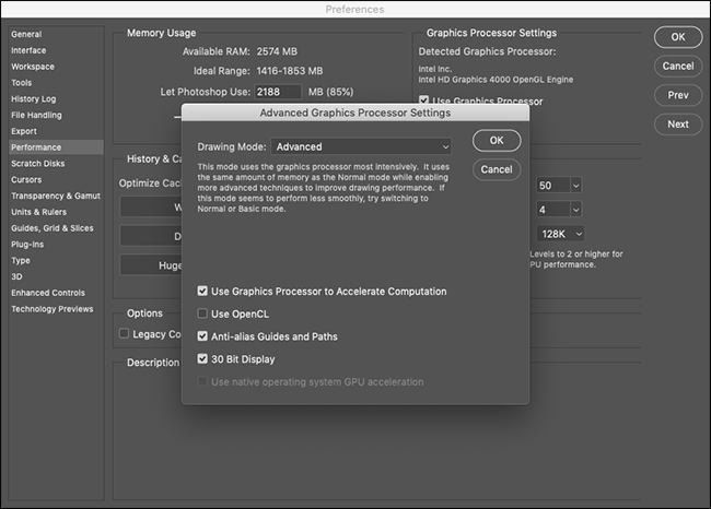 The "Advanced Graphics Processor Settings" in Photoshop.