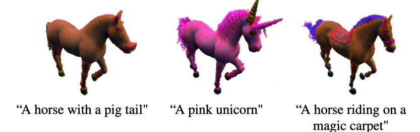 Fig 10. 局限性。在上面,我们展示了几个失败的案例(当提供了图6中显示的未着色网格的渲染图像时,第一行)。这些可能是由于不正确的属性绑定(马的鼻子变成了猪的鼻子)、视图之间的不一致(独角兽上有两个角)或对输入对象的过度正则化(地毯在马上,而不是下面)造成的。