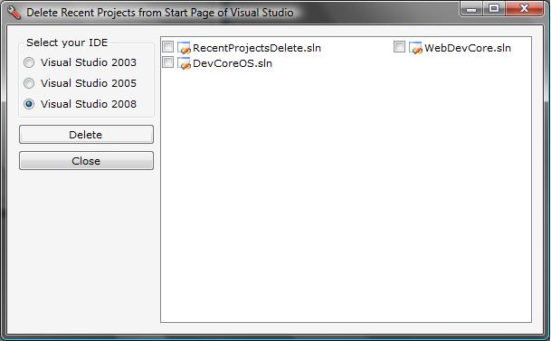 Delete Links from the Recent Projects List on the Start Page of Visual Studio 2003, 2005 and 2008