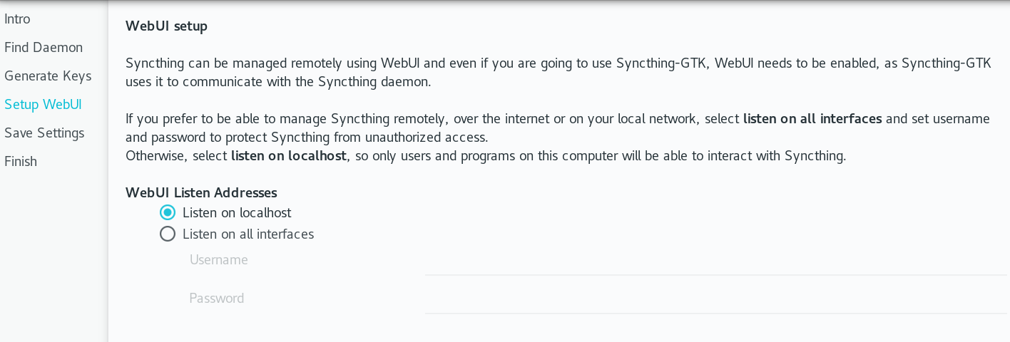 Syncthing in Setup WebUI dialog box