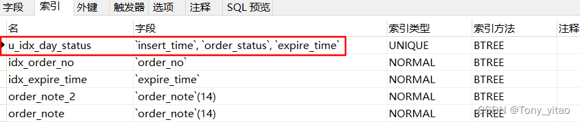 表中包含的索引