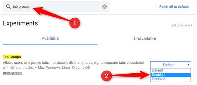 Type "Tab Groups" into the search bar and set the feature to "Enabled."