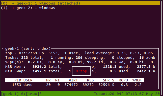 list of tmux sessions displayed in a terminal window.