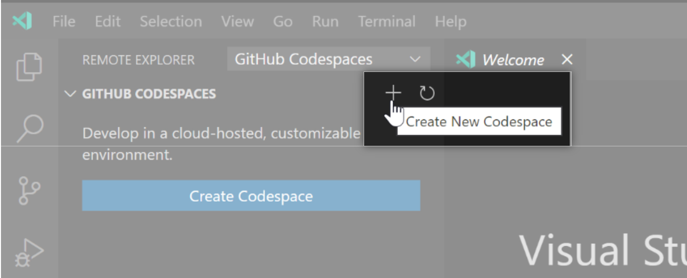 Codespaces 中的 Create new Codespace（创建新代码空间）选项