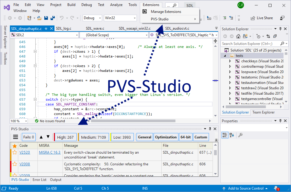 Figure 2. The main items that the PVS-Studio analyzer adds when integrating into Visual Studio.