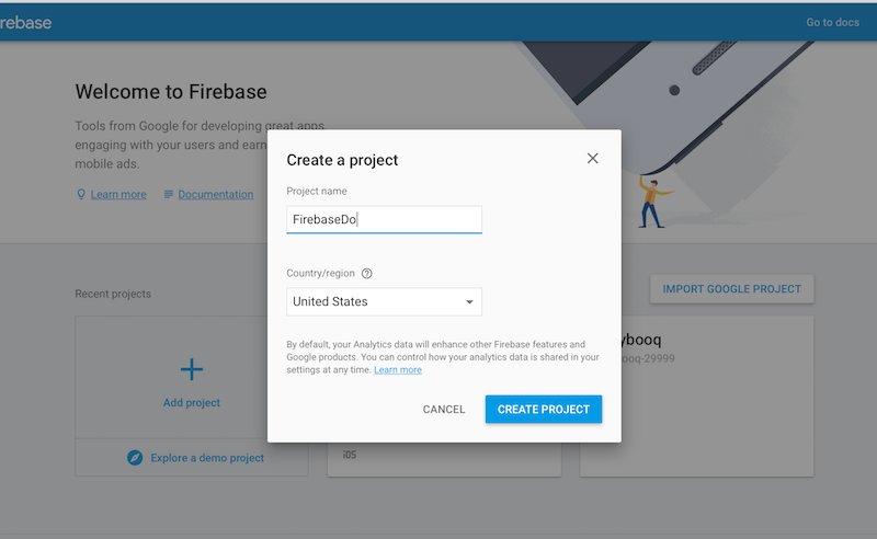 在Firebase面板中创建一个项目