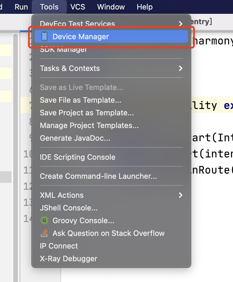 Tools > Device Manager 路径下打开模拟器选择窗口