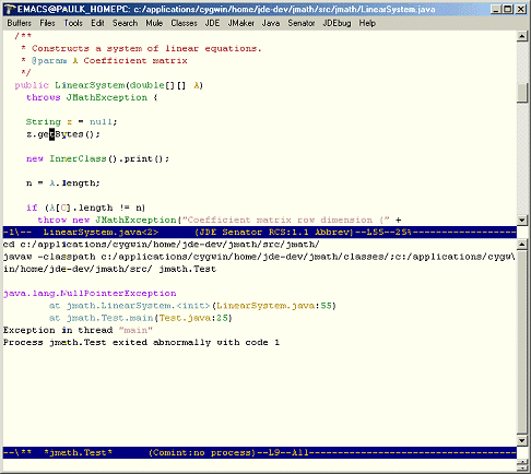 Screenshot showing an exception trace in the JDE's run buffer.