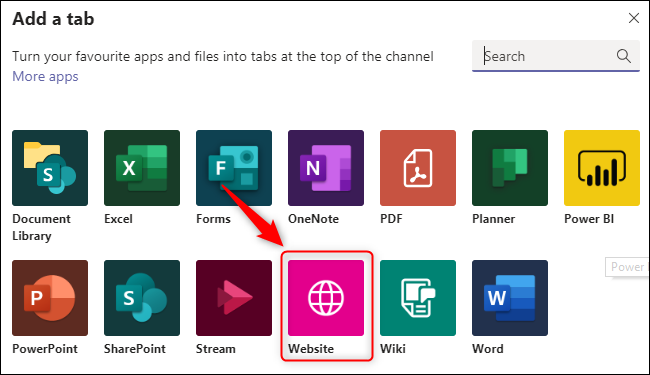 The "Add a tab" window with the Website option highlighted.