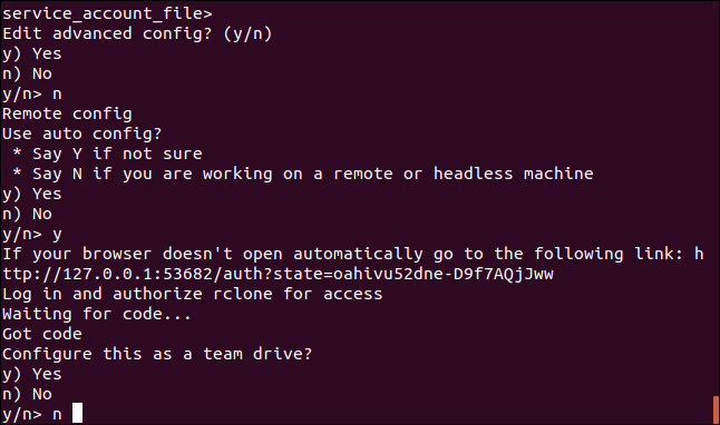 The rclone "configure this as a team drive" prompt in a terminal window