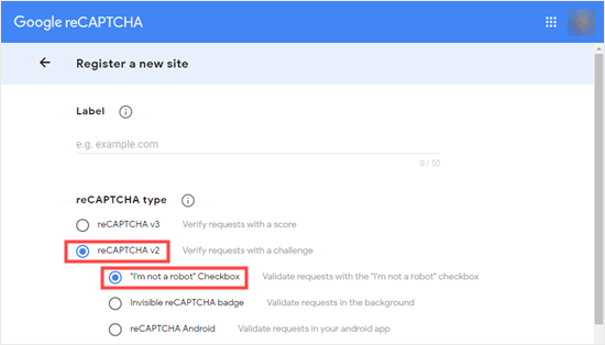 Selecting the 'reCAPTCHA v2' and 'I'm not a robot' checkbox
