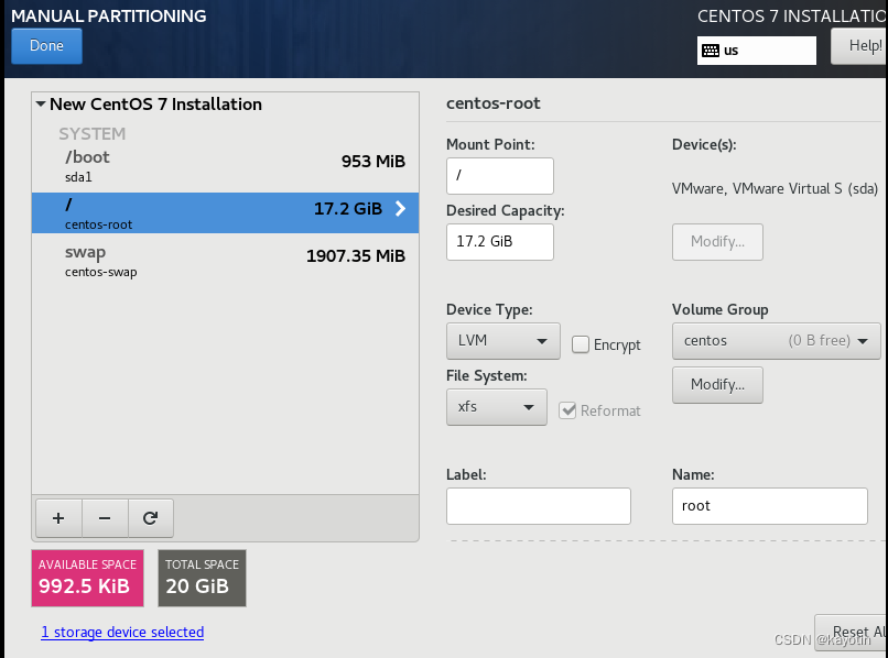 我的虚拟机只给了20GB，所以最终分区如图