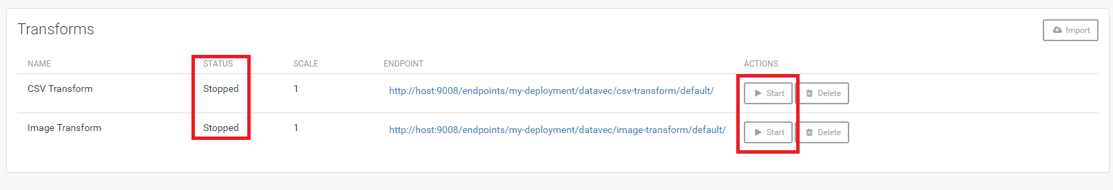 Starting transform processes