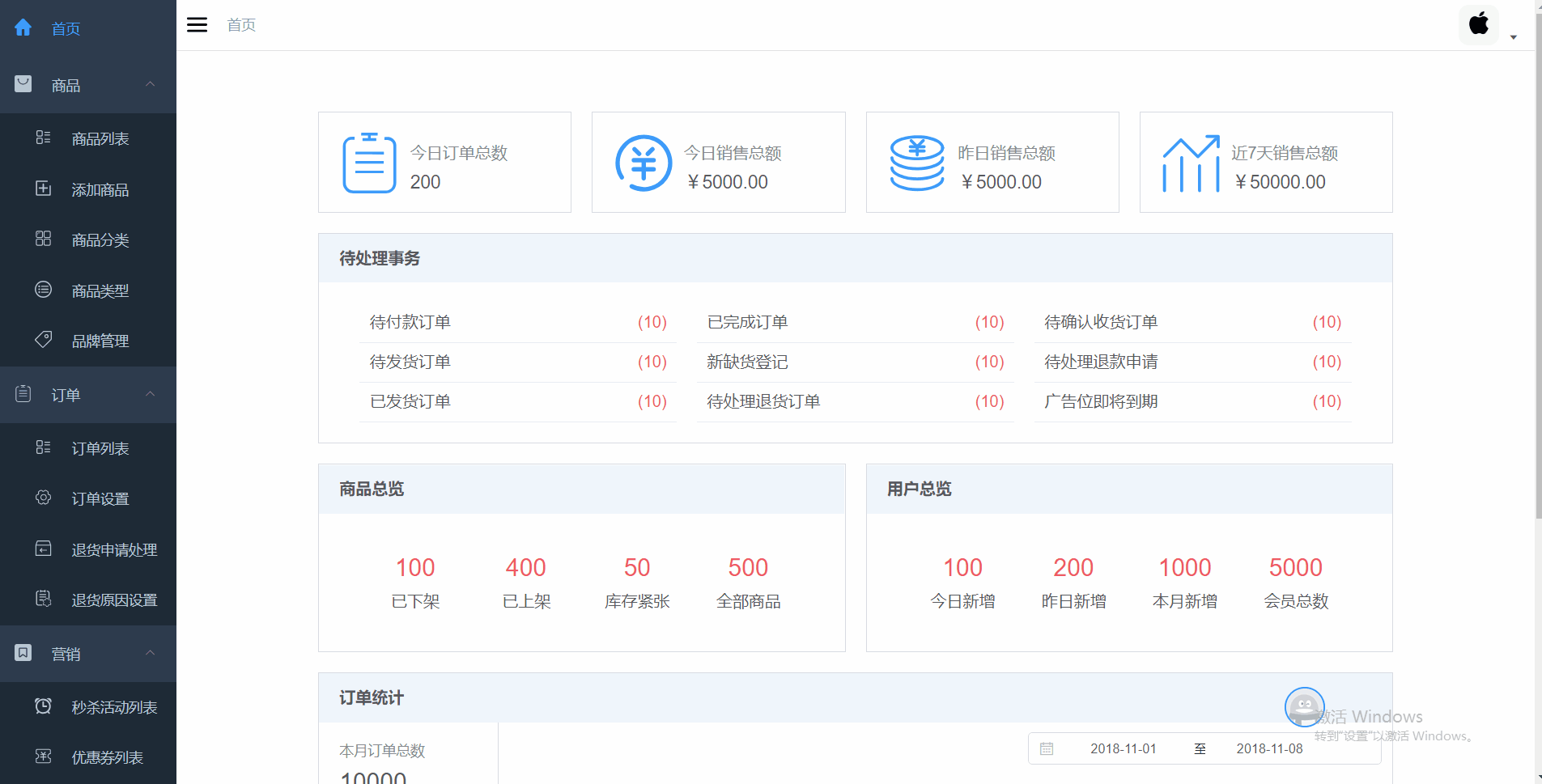 一个电商后台管理系统的前端项目，基于Vue+Element实现