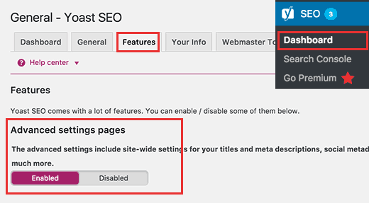 Advanced settings pages