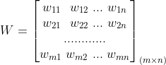 W = \begin{bmatrix} w_{11} \ \ w_{12} \ ... \ w_{1n} \\ w_{21} \ \ w_{22} \ ... \ w_{2n} \\ ... ... ... ... \\ w_{m1}\ w_{m2} \ ... \ w_{mn} \end{bmatrix}_{(m\times n)}