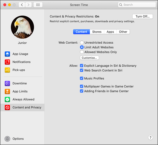 The "Content" menu under "Content and Privacy" on a Mac.