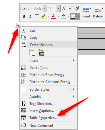 Select Table properties option
