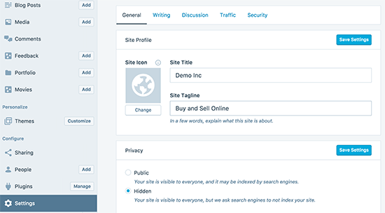 Settings panel in WordPress app