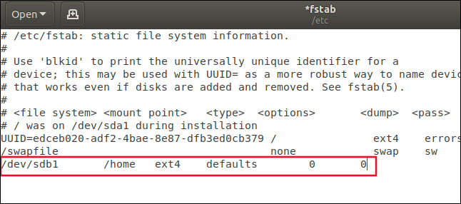 Using gedit to edit the fstab file