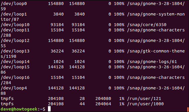 output from df in a terminal window