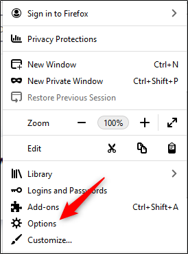 Options item in firefox menu