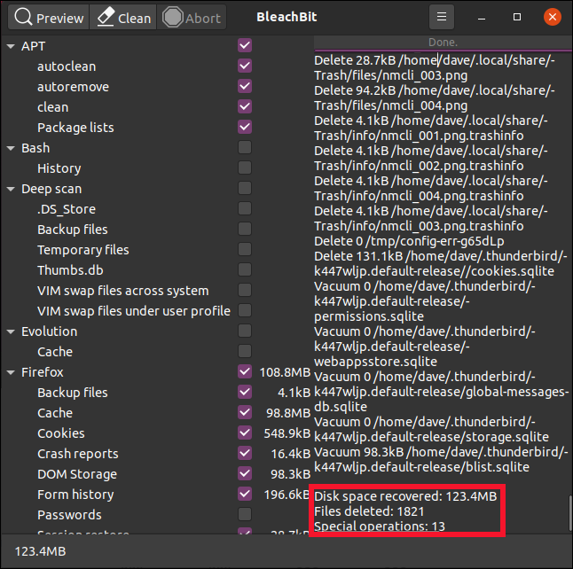 The Main BleachBit window showing the number of deleted files and hard drive space recovered.